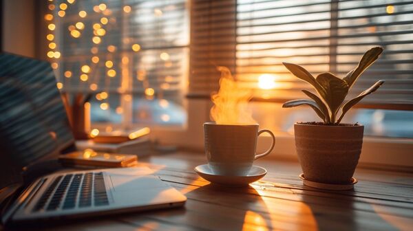 Warm mug of coffee or tea held near a bright window